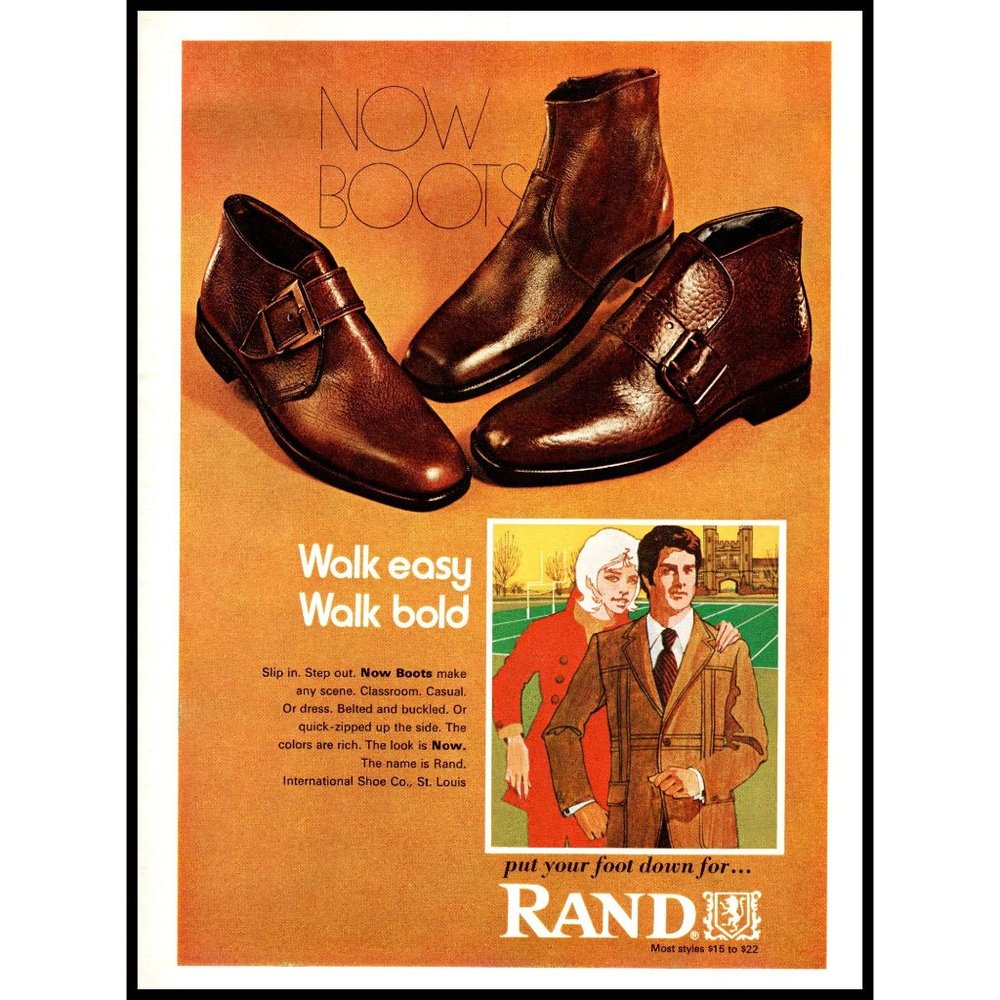 1971 Rand Now Boots Vintage Print Ad 70s Mens Fashion Wall Art Photo